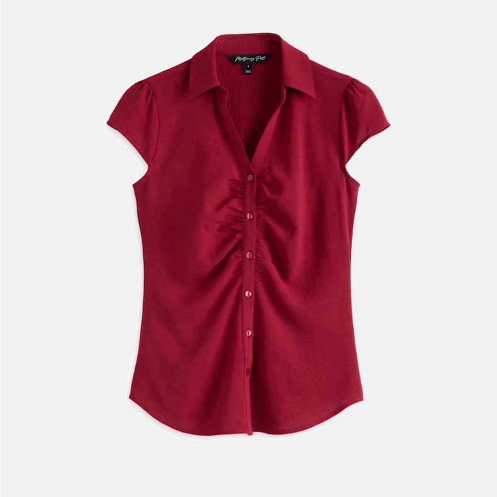 Rouched Front Cap-Sleeve Button-Down Shirt - Wine Red